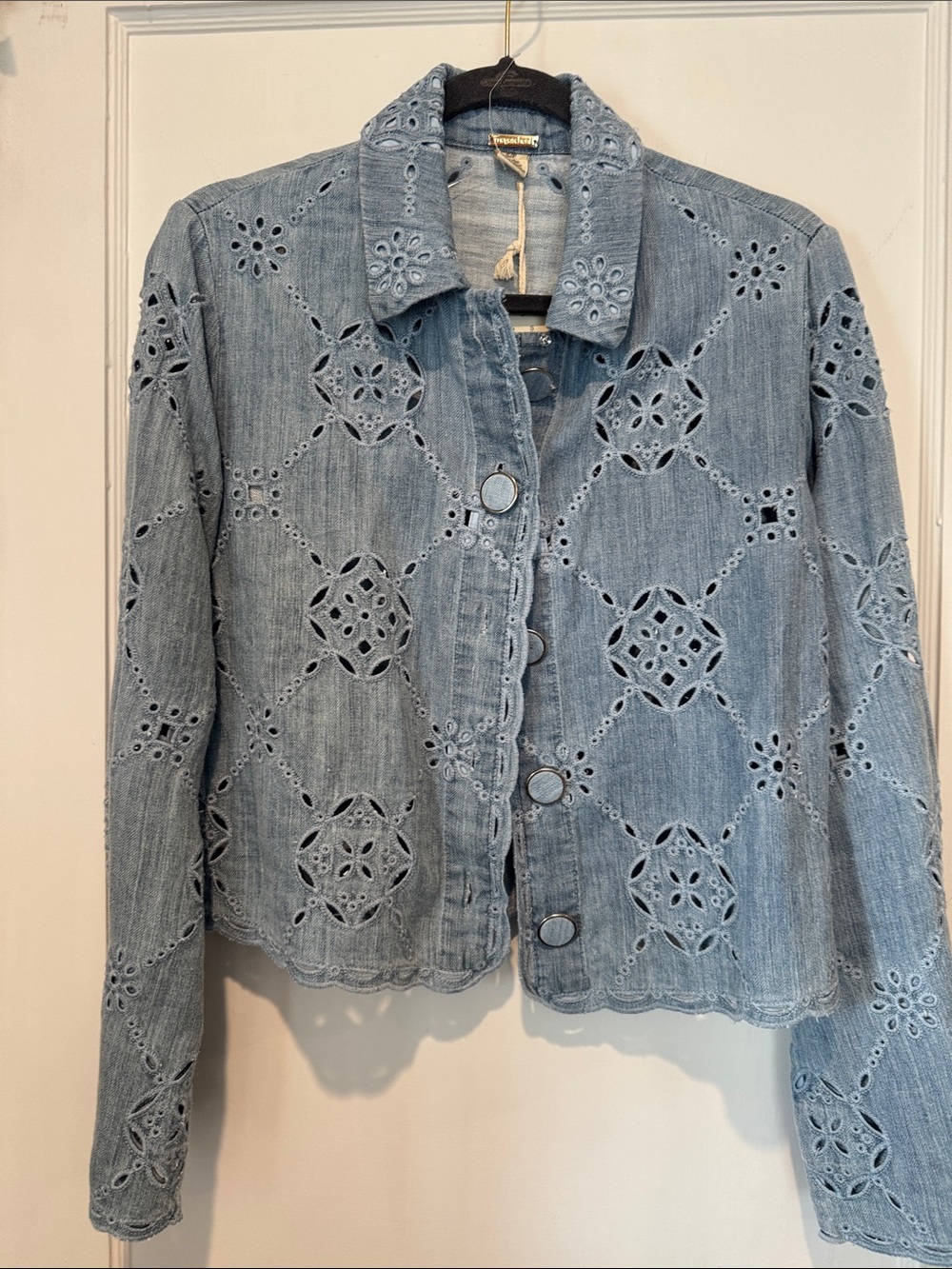Magaschoni Light Blue Eyelet Denim Button-Front Shirt Jacket